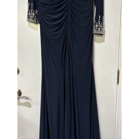 Mac Duggal Beaded Cuff Drop Shoulder Faux Wrap Long Navy Gown Size 14 NWT #12231 - Picture 14 of 15